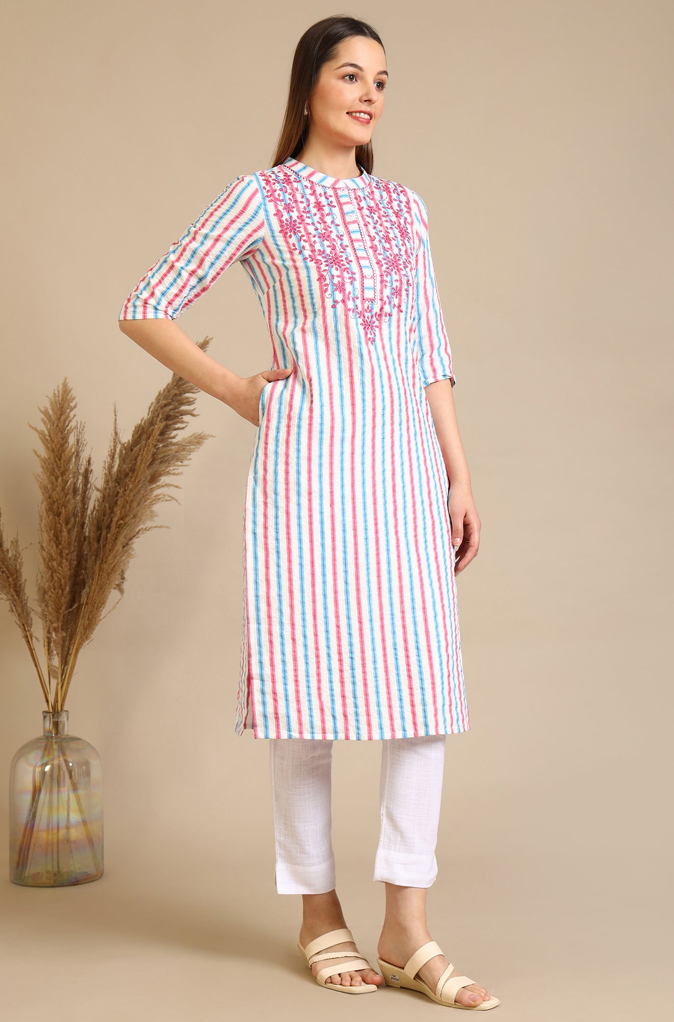 White Yarn Dyed Embroidered Yoke Straight Kurta with Multi-coloured Stripes