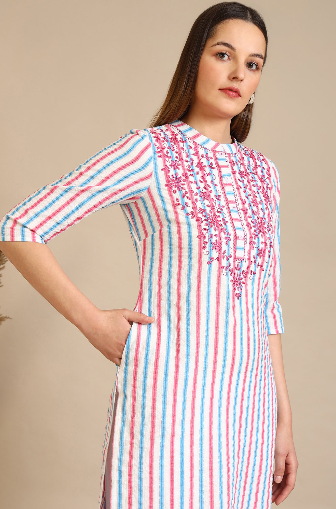 White Yarn Dyed Embroidered Yoke Straight Kurta with Multi-coloured Stripes