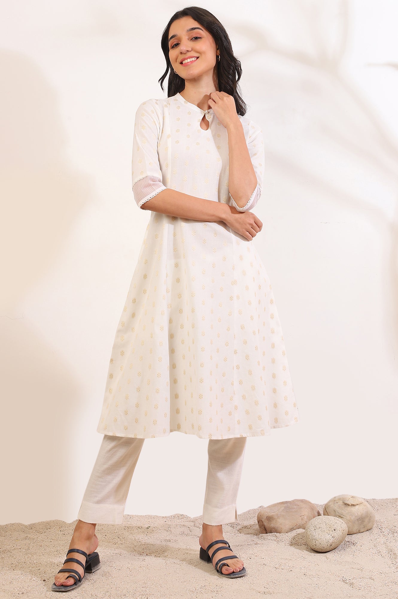 White Yarn Dyed Flared Cotton Blend Kurta