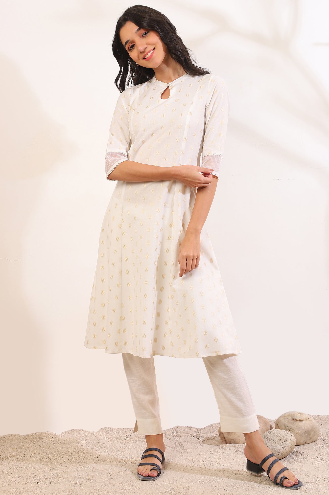 White Yarn Dyed Flared Cotton Blend Kurta