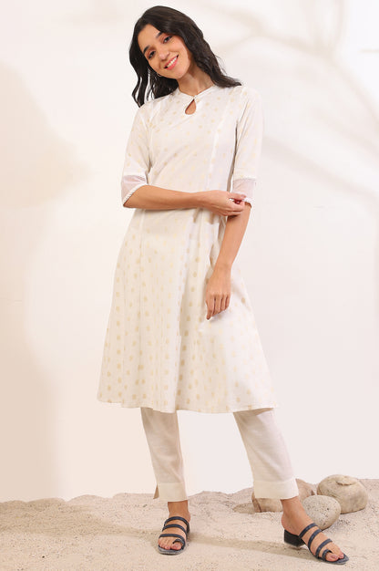 White Yarn Dyed Flared Cotton Blend Kurta