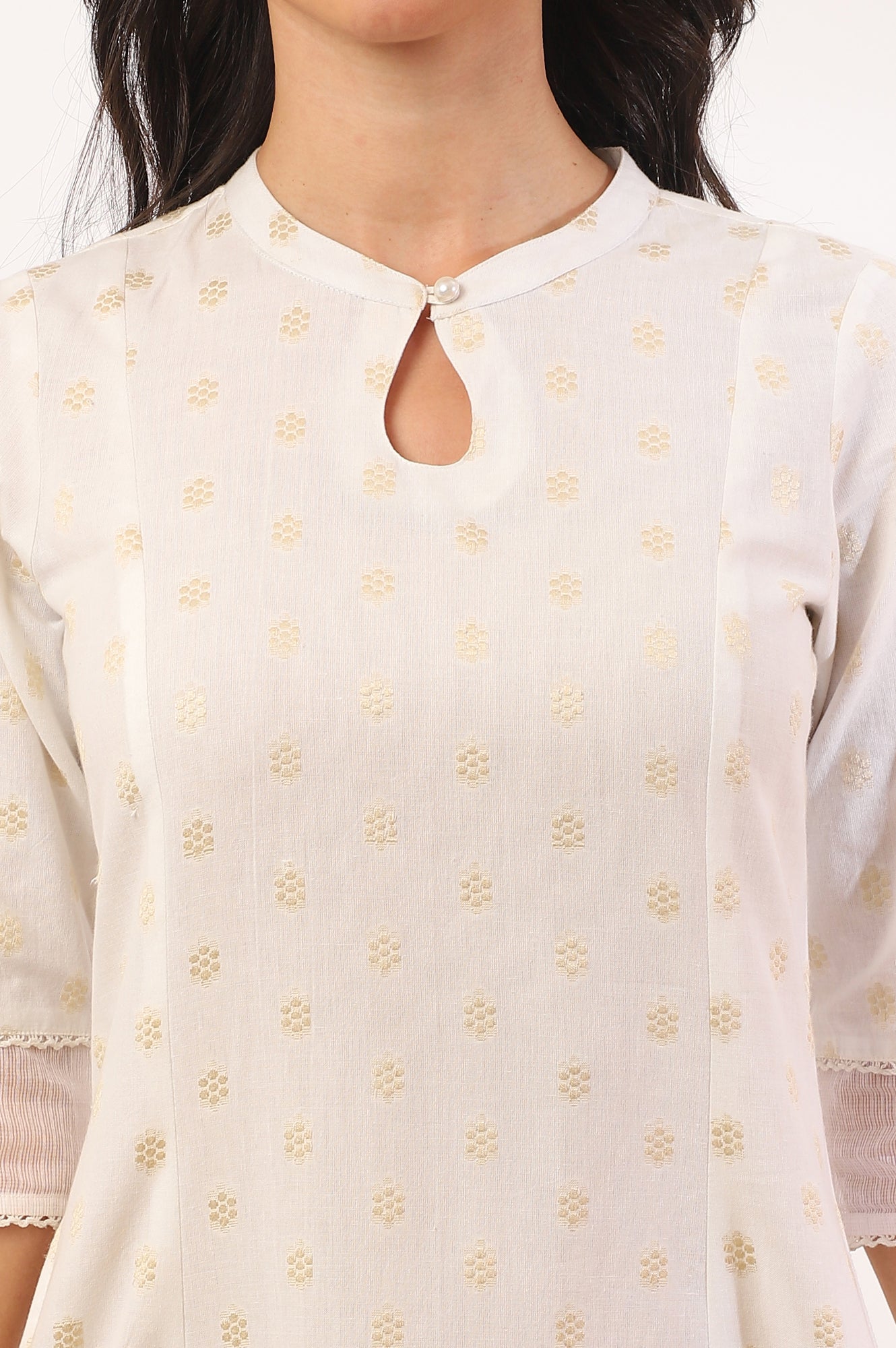 White Yarn Dyed Flared Cotton Blend Kurta