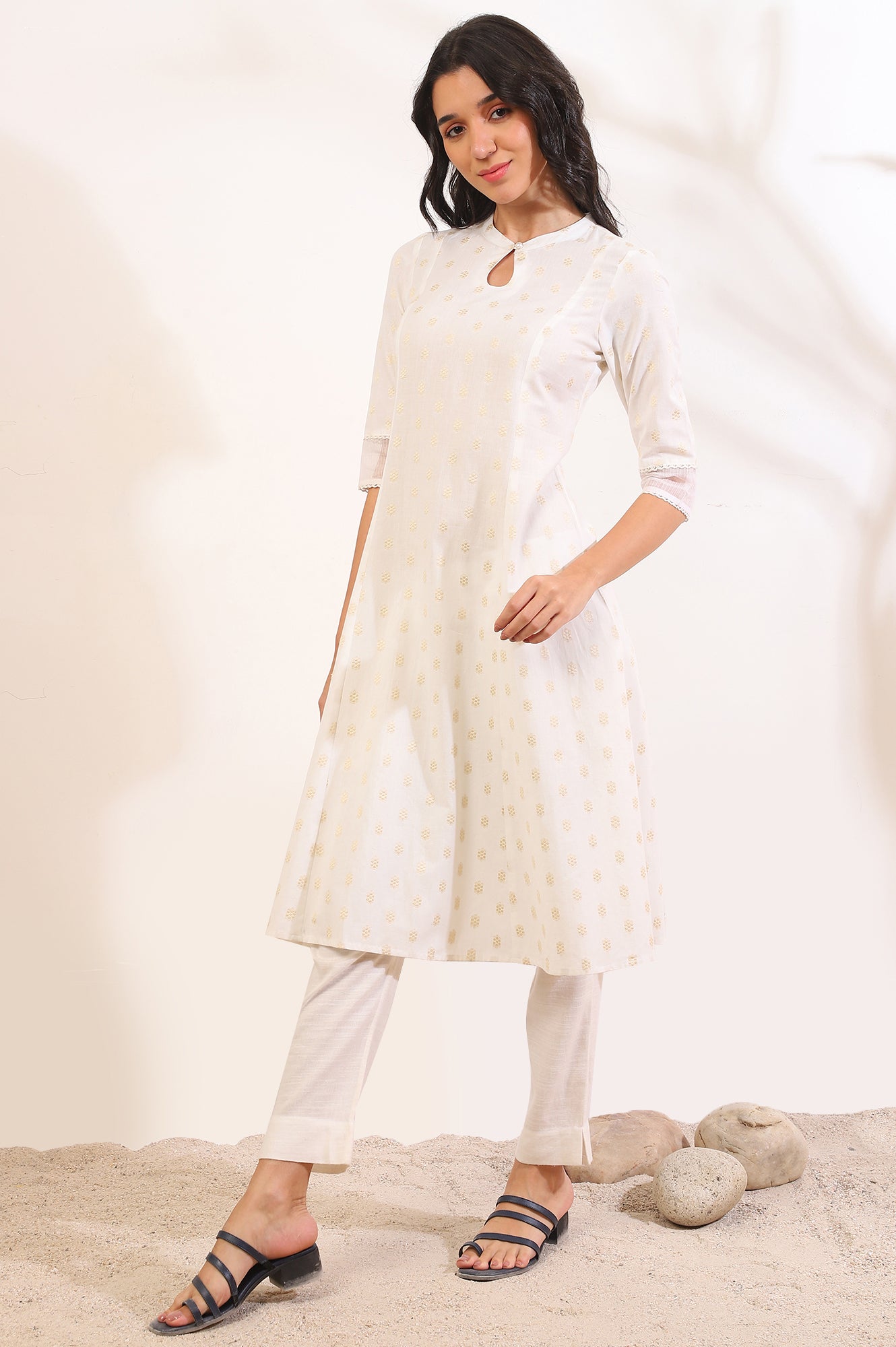 White Yarn Dyed Flared Cotton Blend Kurta