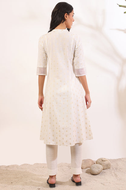 White Yarn Dyed Flared Cotton Blend Kurta