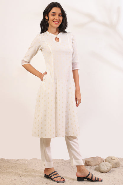 White Yarn Dyed Flared Cotton Blend Kurta