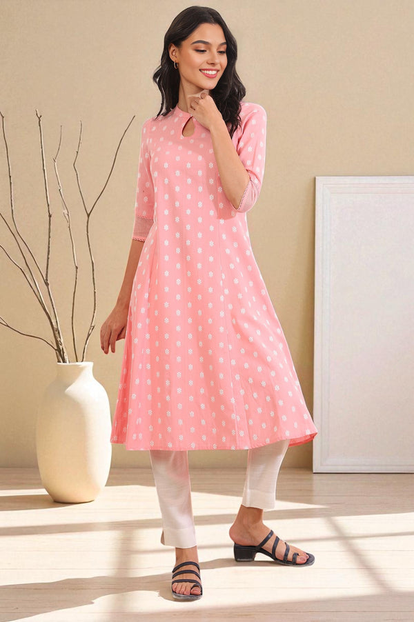 Pink Yarn Dyed Flared Cotton Blend Kurta