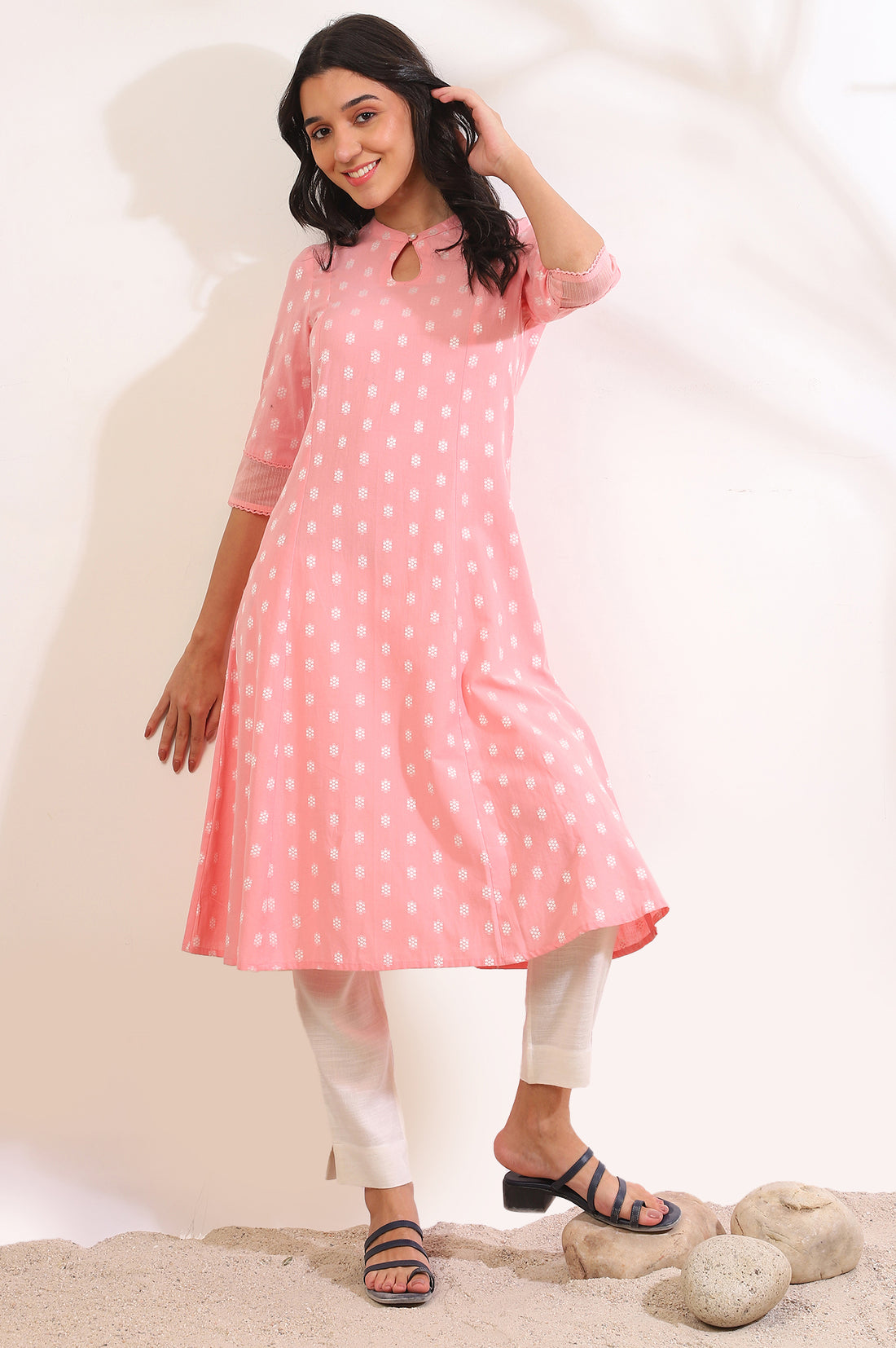 Pink Yarn Dyed Flared Cotton Blend Kurta