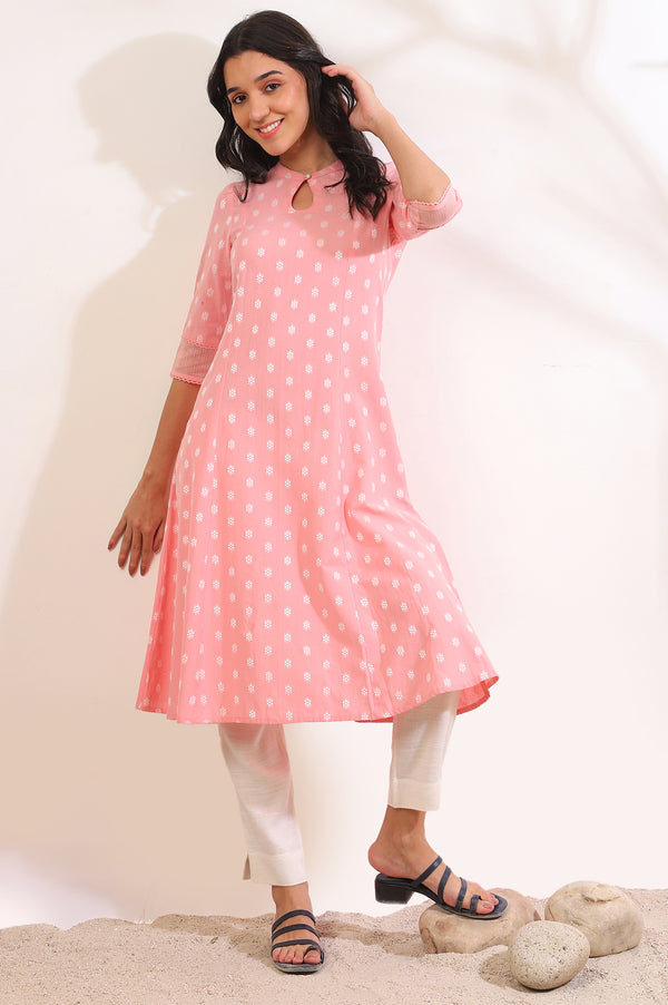 Pink Yarn Dyed Flared Cotton Blend Kurta