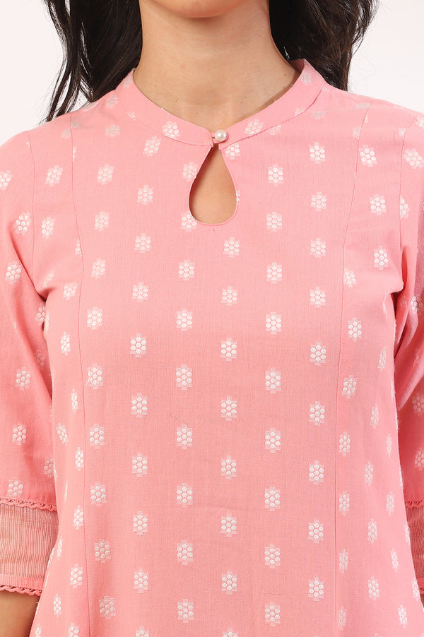 Pink Yarn Dyed Flared Cotton Blend Kurta