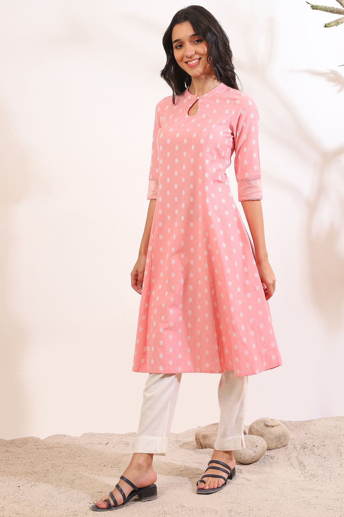 Pink Yarn Dyed Flared Cotton Blend Kurta