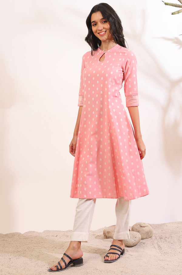 Pink Yarn Dyed Flared Cotton Blend Kurta