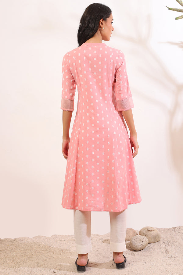Pink Yarn Dyed Flared Cotton Blend Kurta