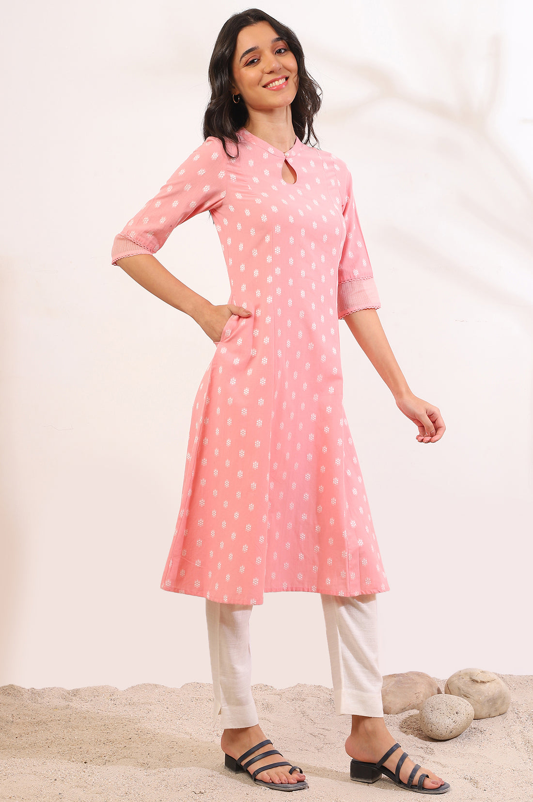 Pink Yarn Dyed Flared Cotton Blend Kurta