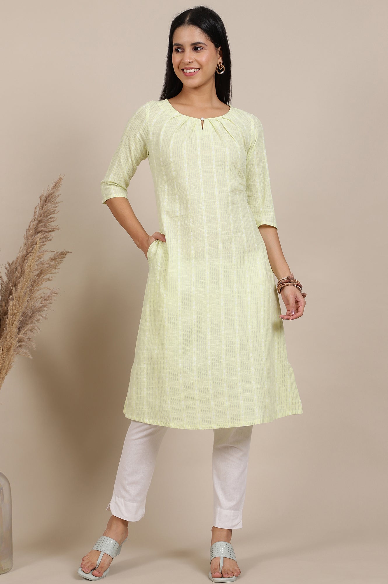 Green Yarn Dyed Flarred Cotton Blend Kurta