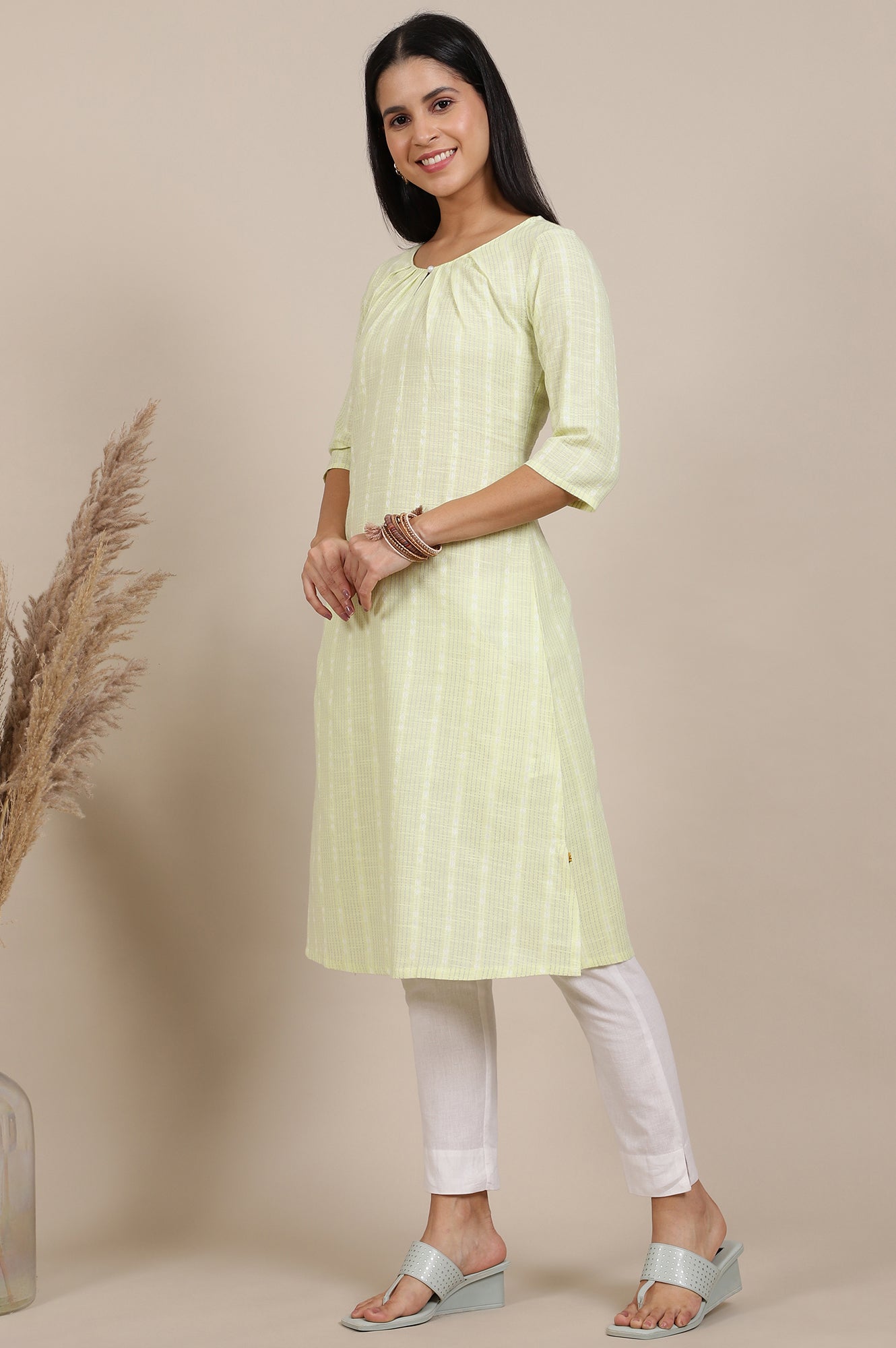 Green Yarn Dyed Flarred Cotton Blend Kurta