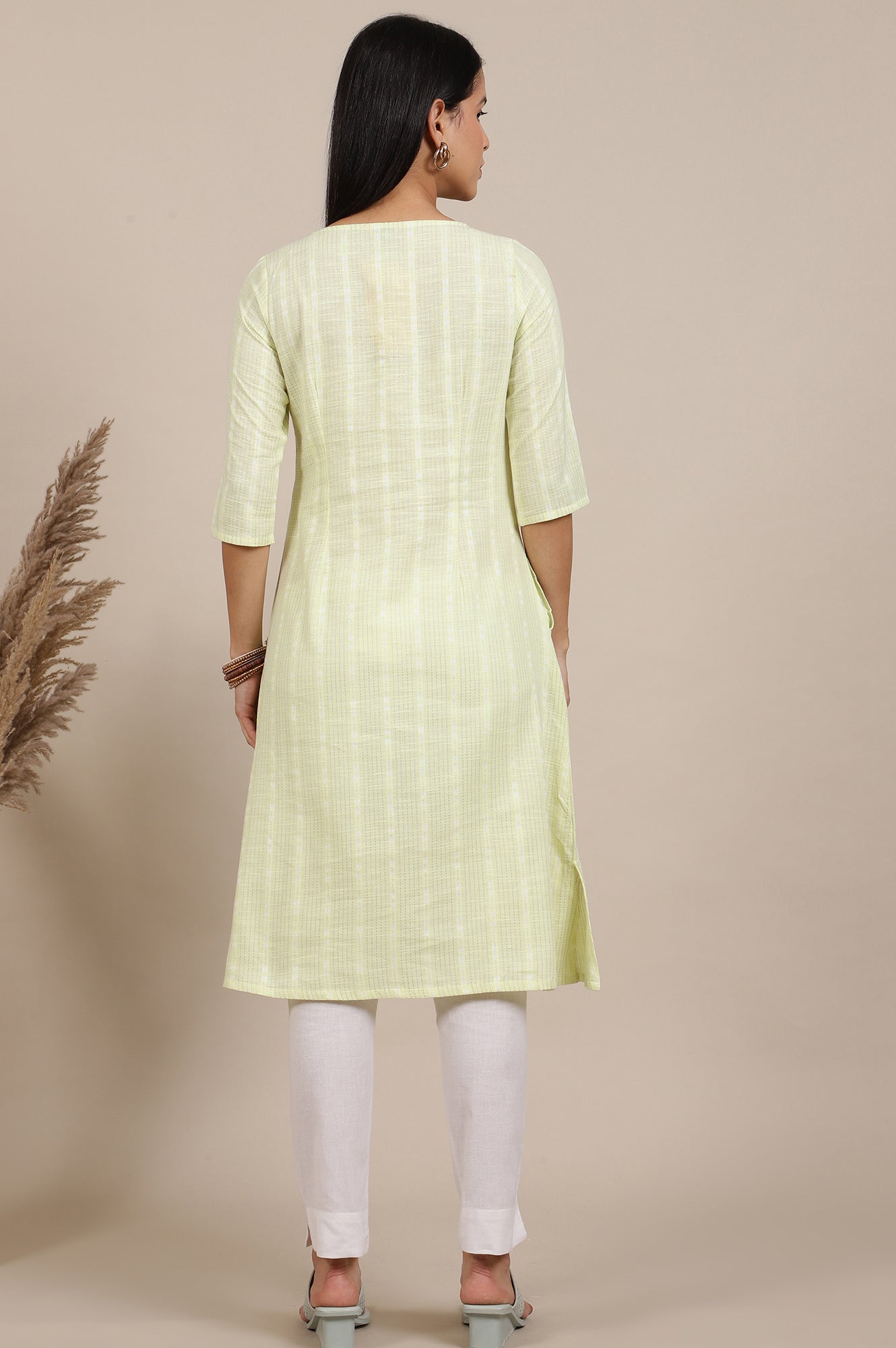 Green Yarn Dyed Flarred Cotton Blend Kurta