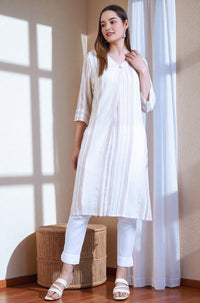 Beige Striped Rayon Flax Straight Kurta