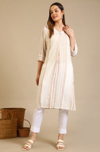 Beige Striped Rayon Flax Straight Kurta