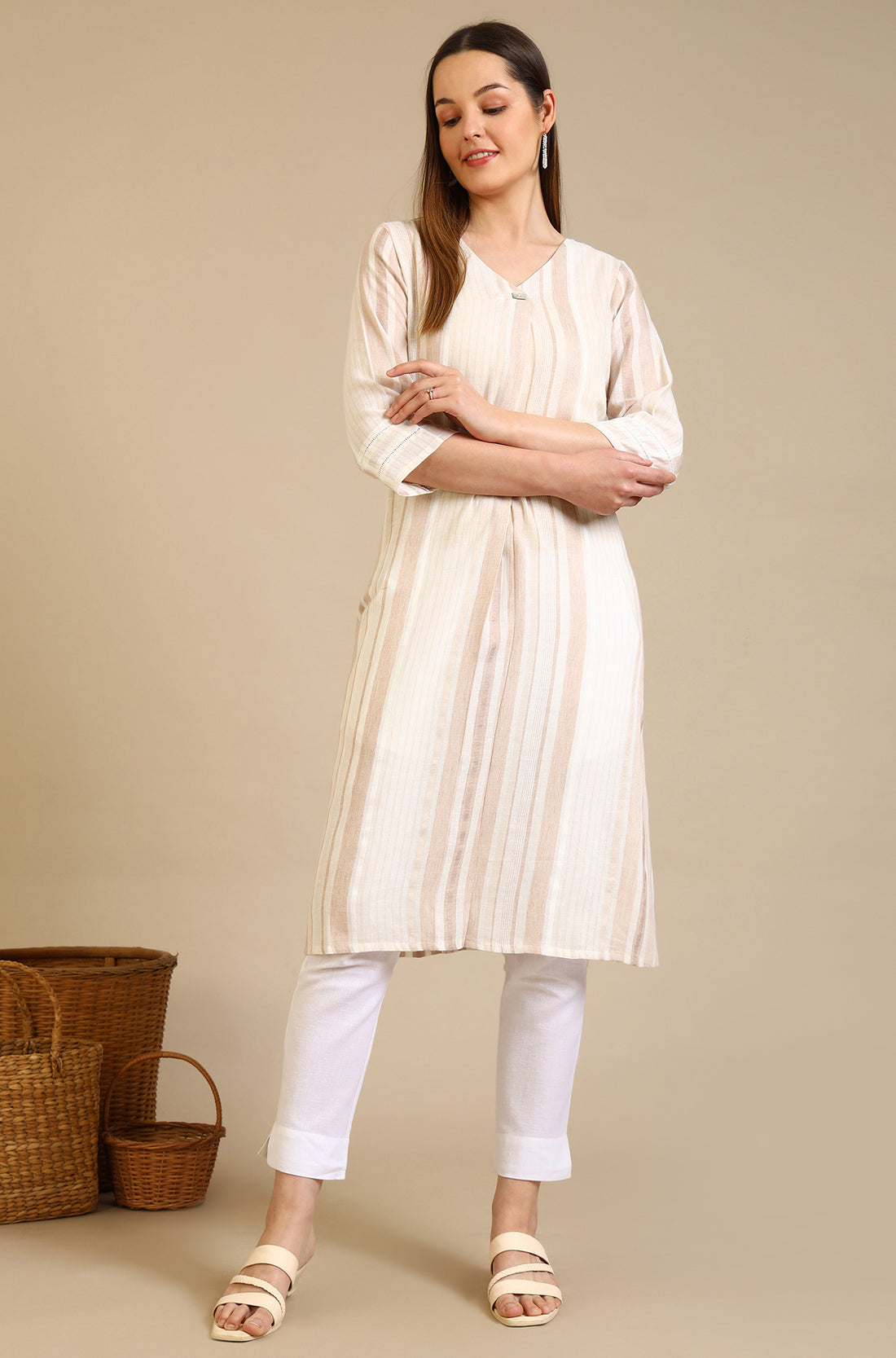 Beige Striped Rayon Flax Straight Kurta