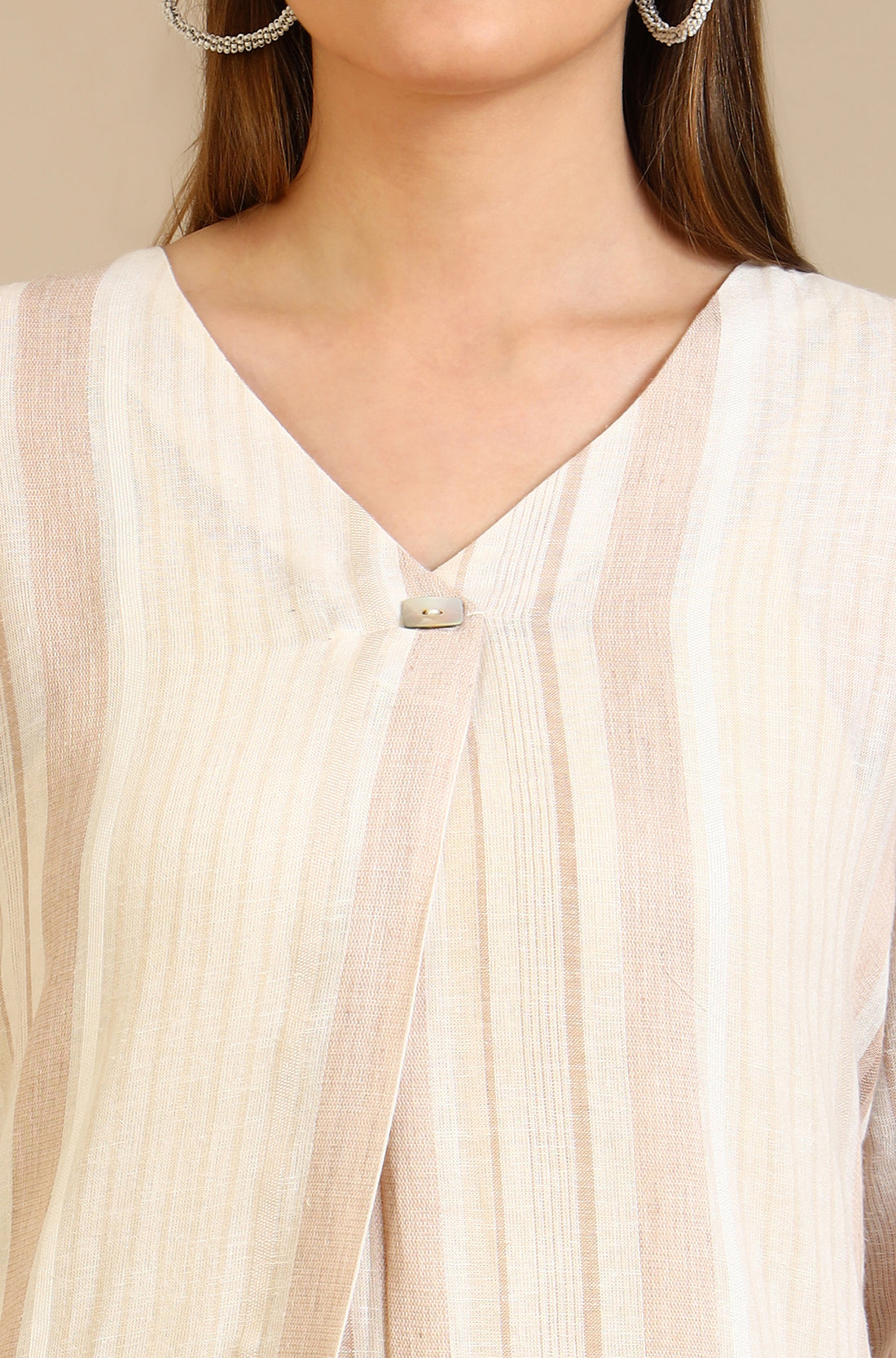 Beige Striped Rayon Flax Straight Kurta