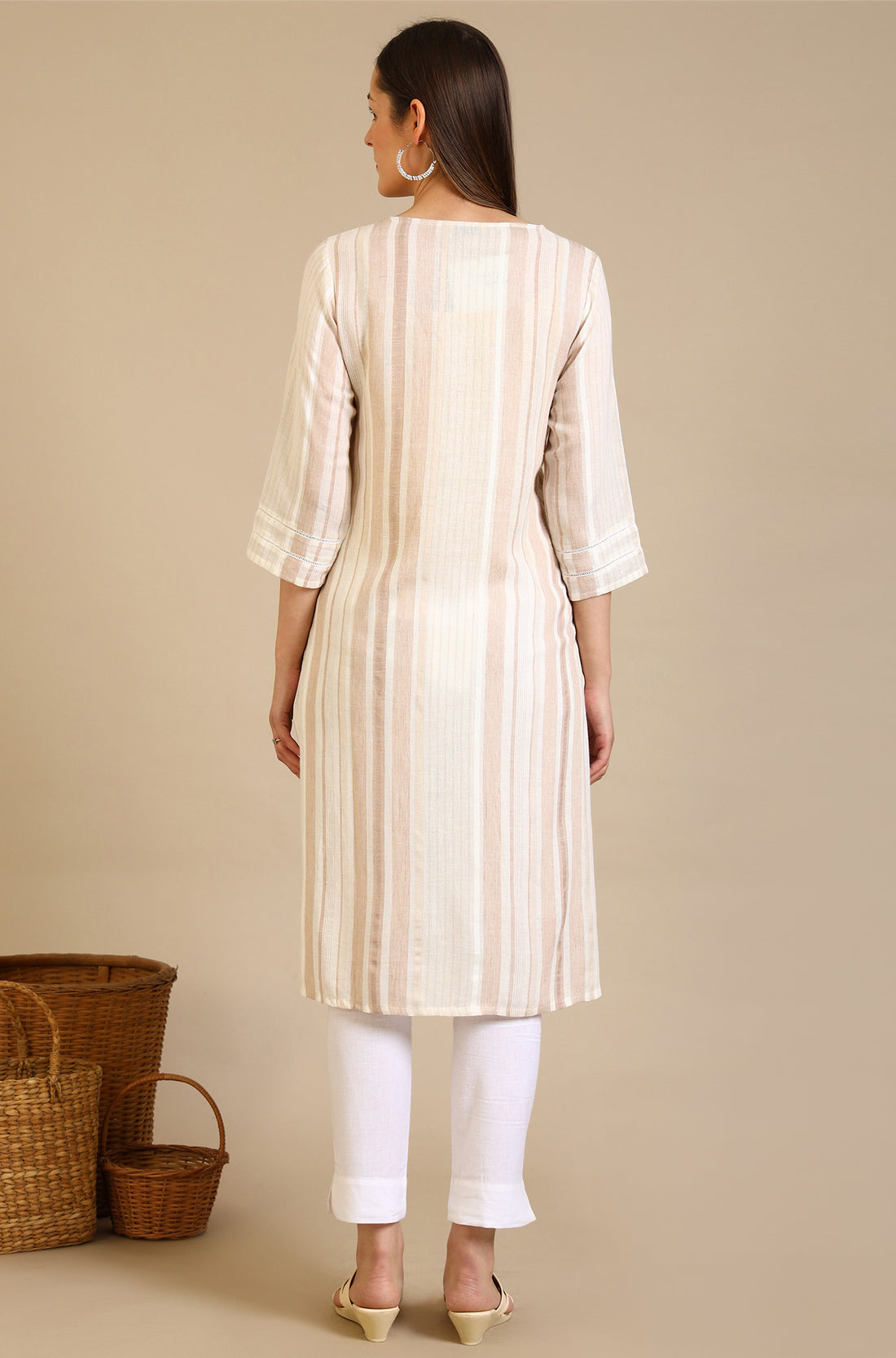 Beige Striped Rayon Flax Straight Kurta
