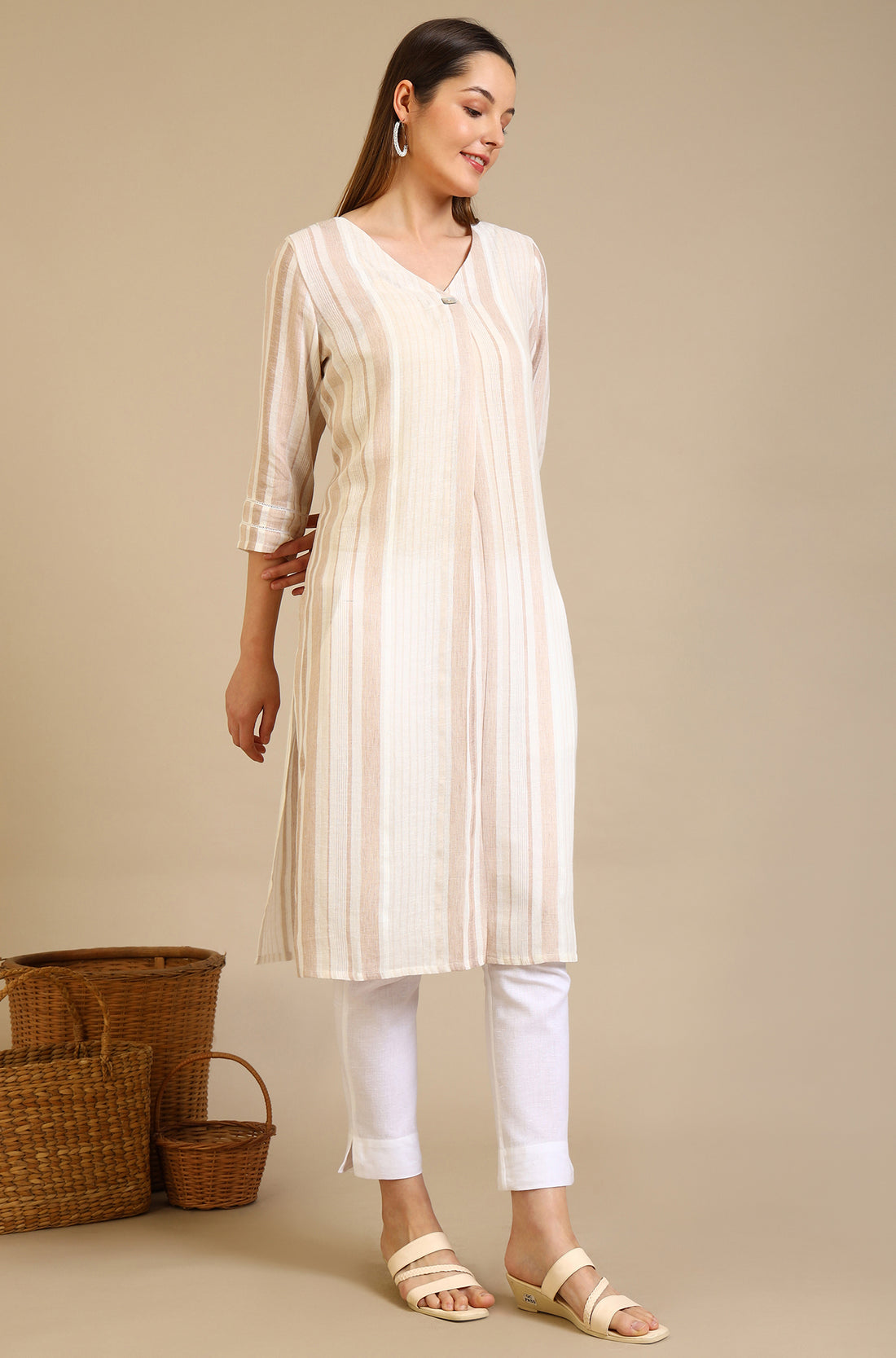 Beige Striped Rayon Flax Straight Kurta