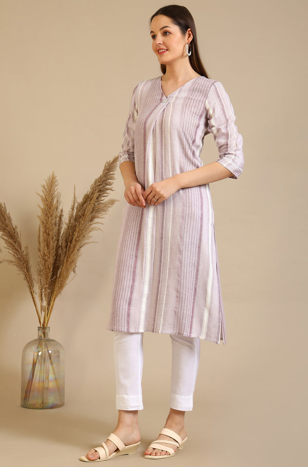 Pink Striped Straight Rayon Blend Kurta