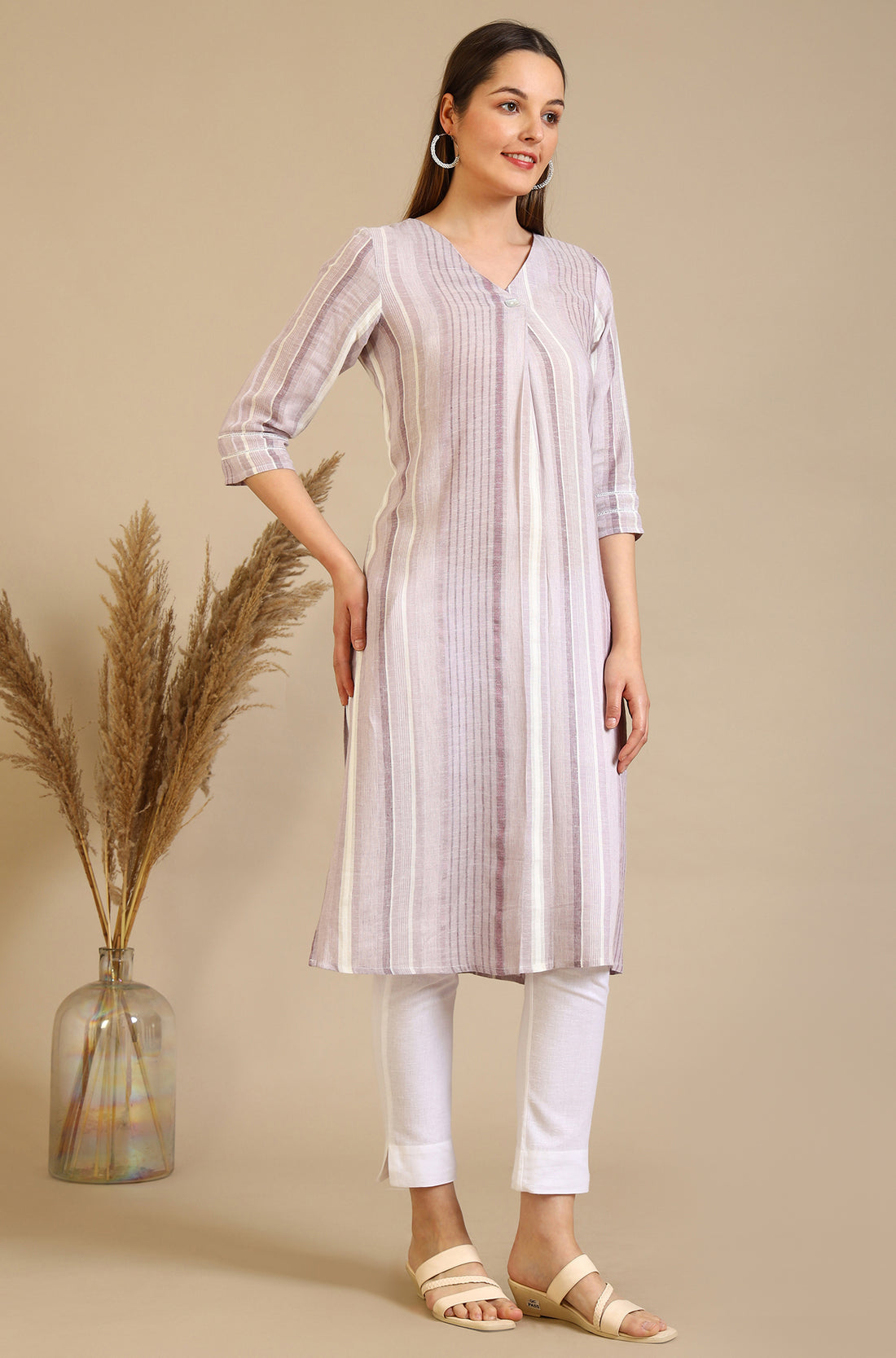 Pink Striped Straight Rayon Blend Kurta