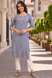 Grey Yarn Dyed Straight Cotton Blend Kurta