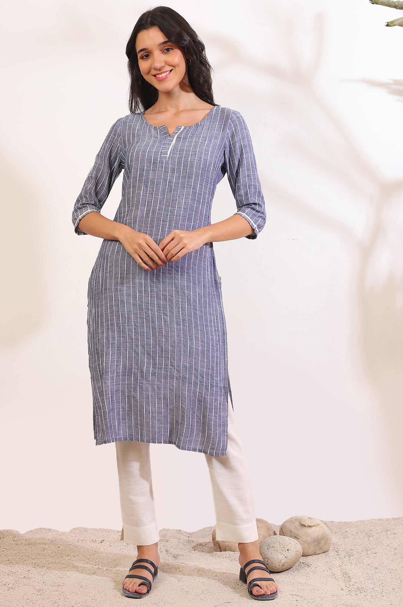 Grey Yarn Dyed Straight Cotton Blend Kurta