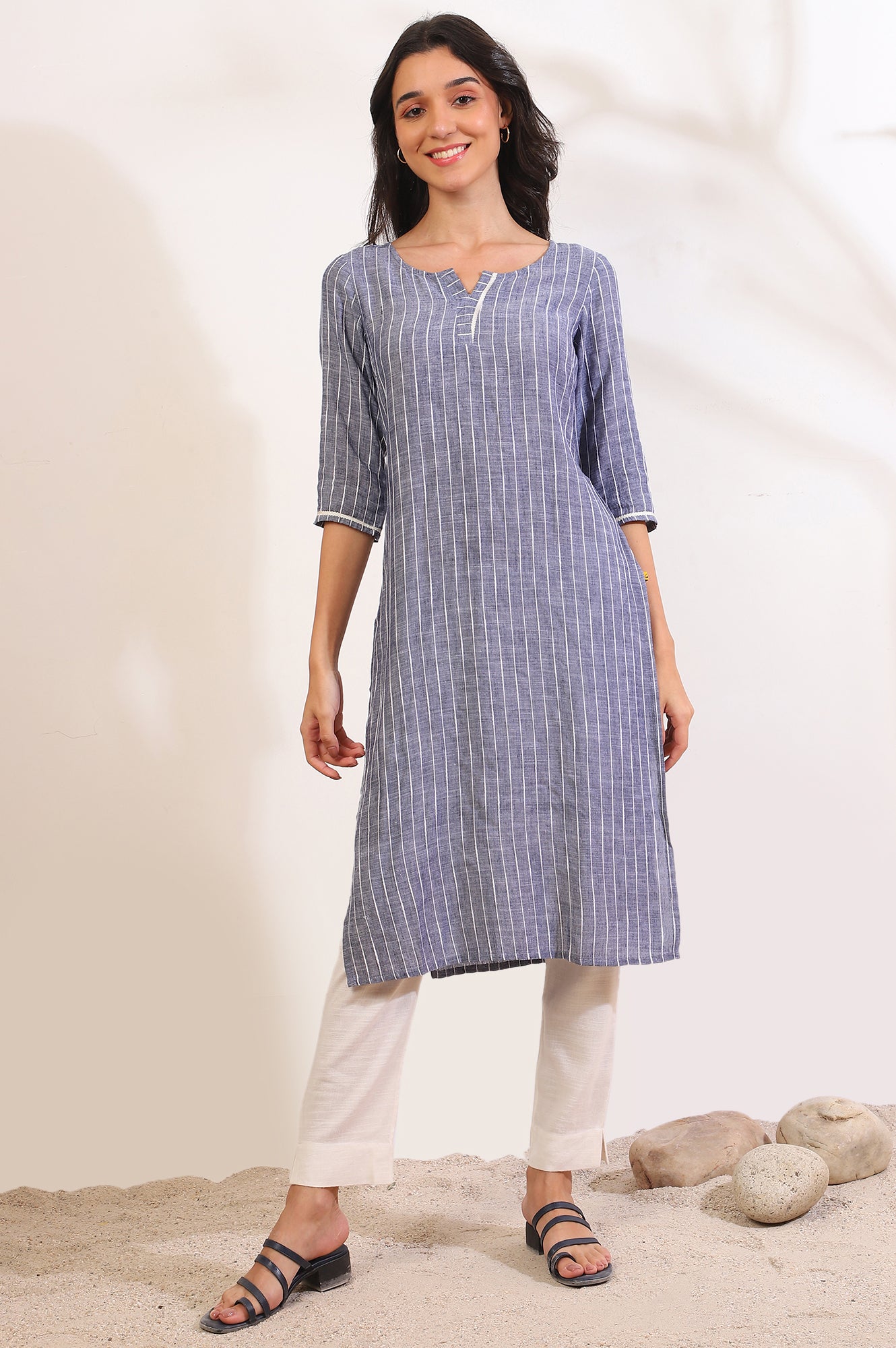 Grey Yarn Dyed Straight Cotton Blend Kurta