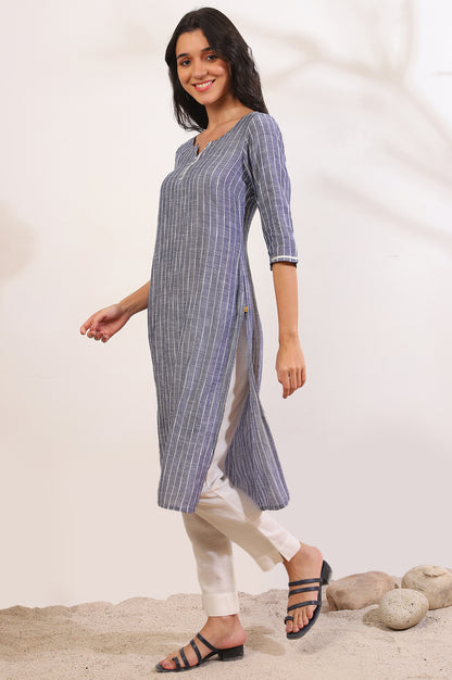 Grey Yarn Dyed Straight Cotton Blend Kurta