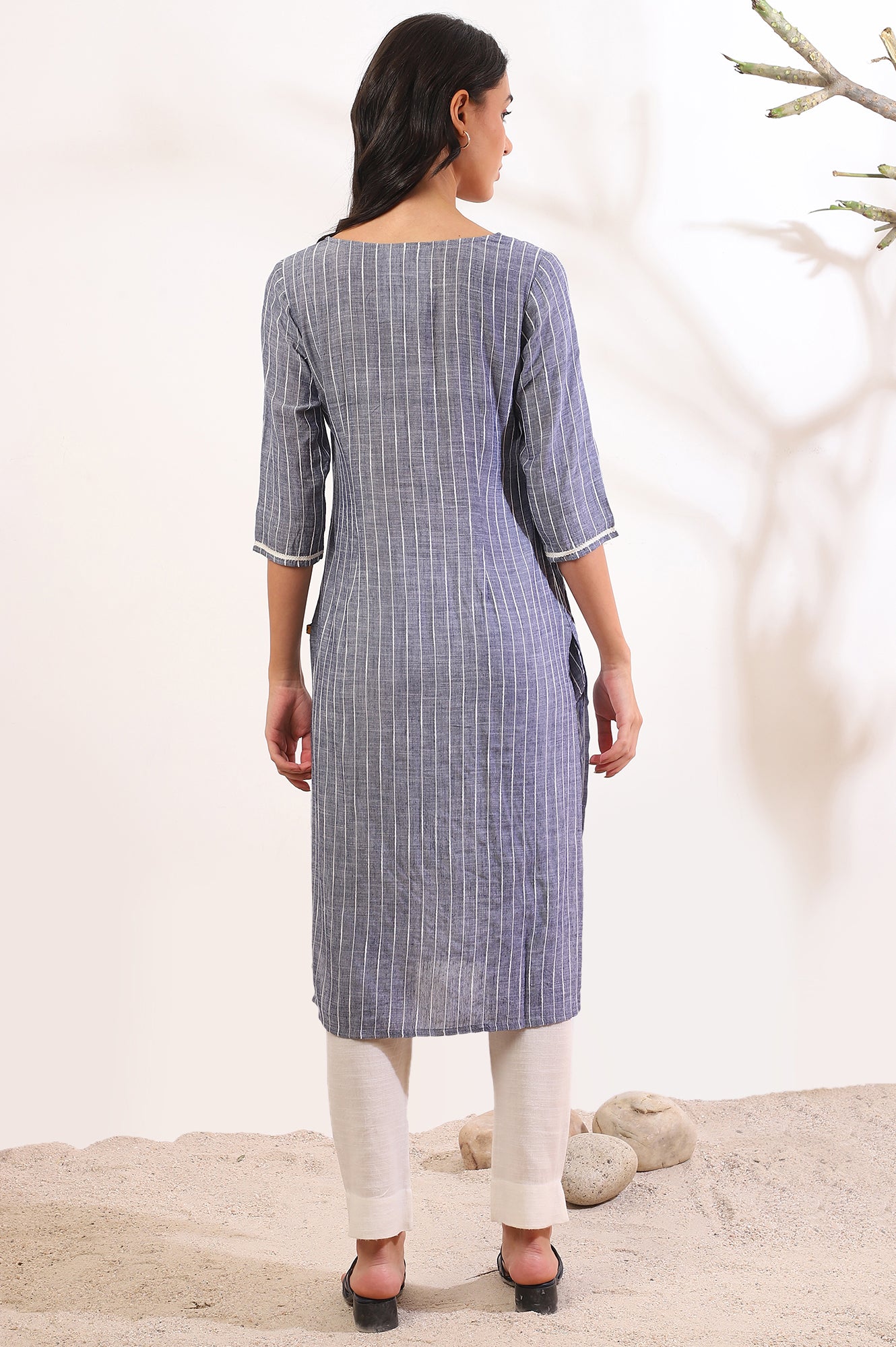 Grey Yarn Dyed Straight Cotton Blend Kurta