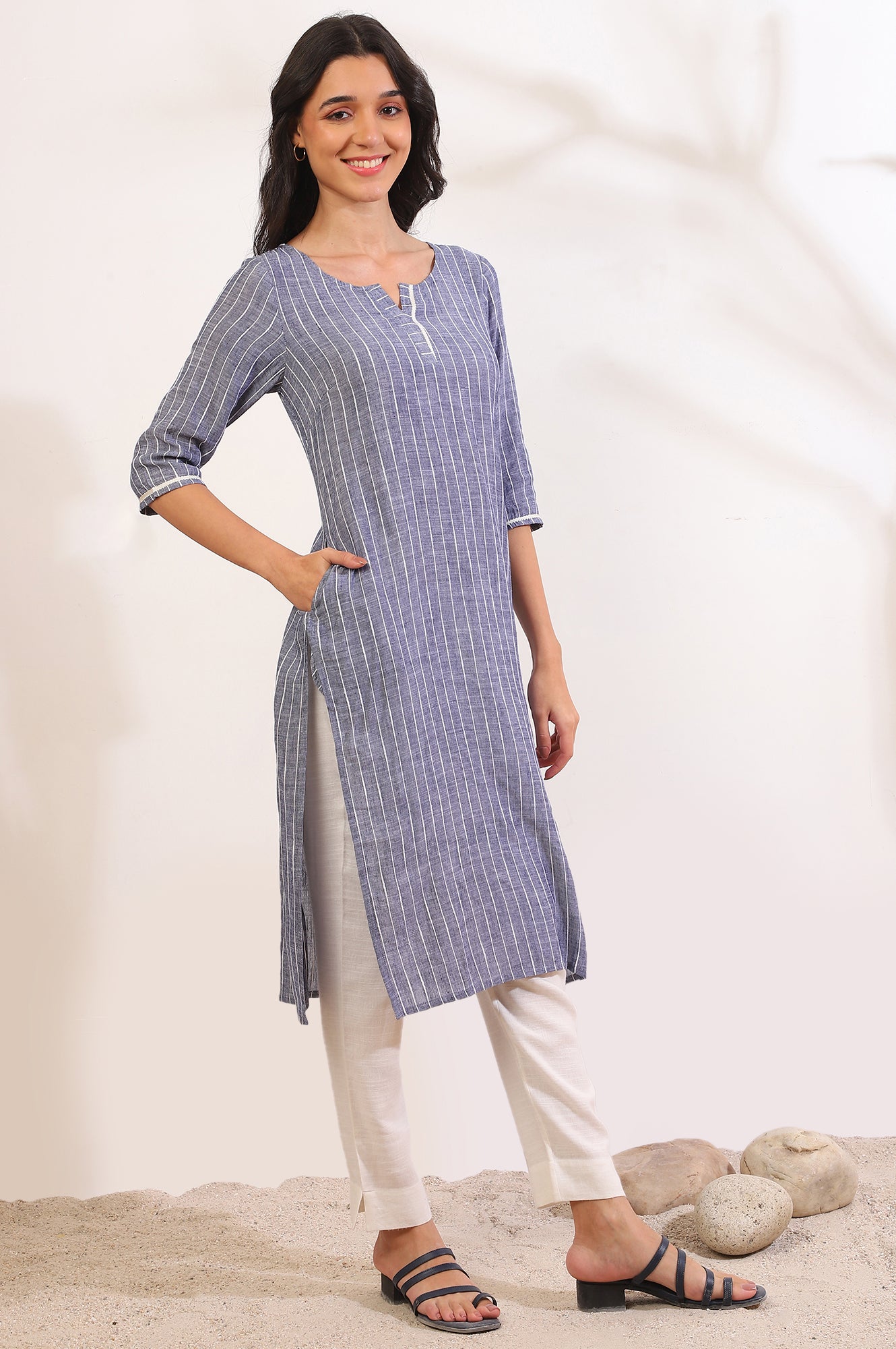 Grey Yarn Dyed Straight Cotton Blend Kurta