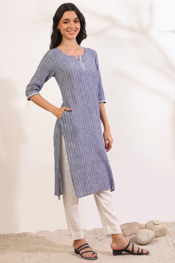 Grey Yarn Dyed Straight Cotton Blend Kurta