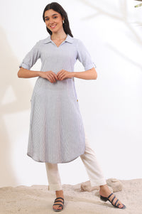 Blue Yarn Dyed Straight Cotton Flax Kurta