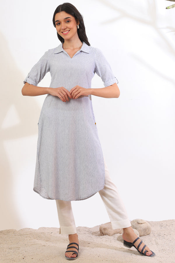 Blue Yarn Dyed Straight Cotton Flax Kurta