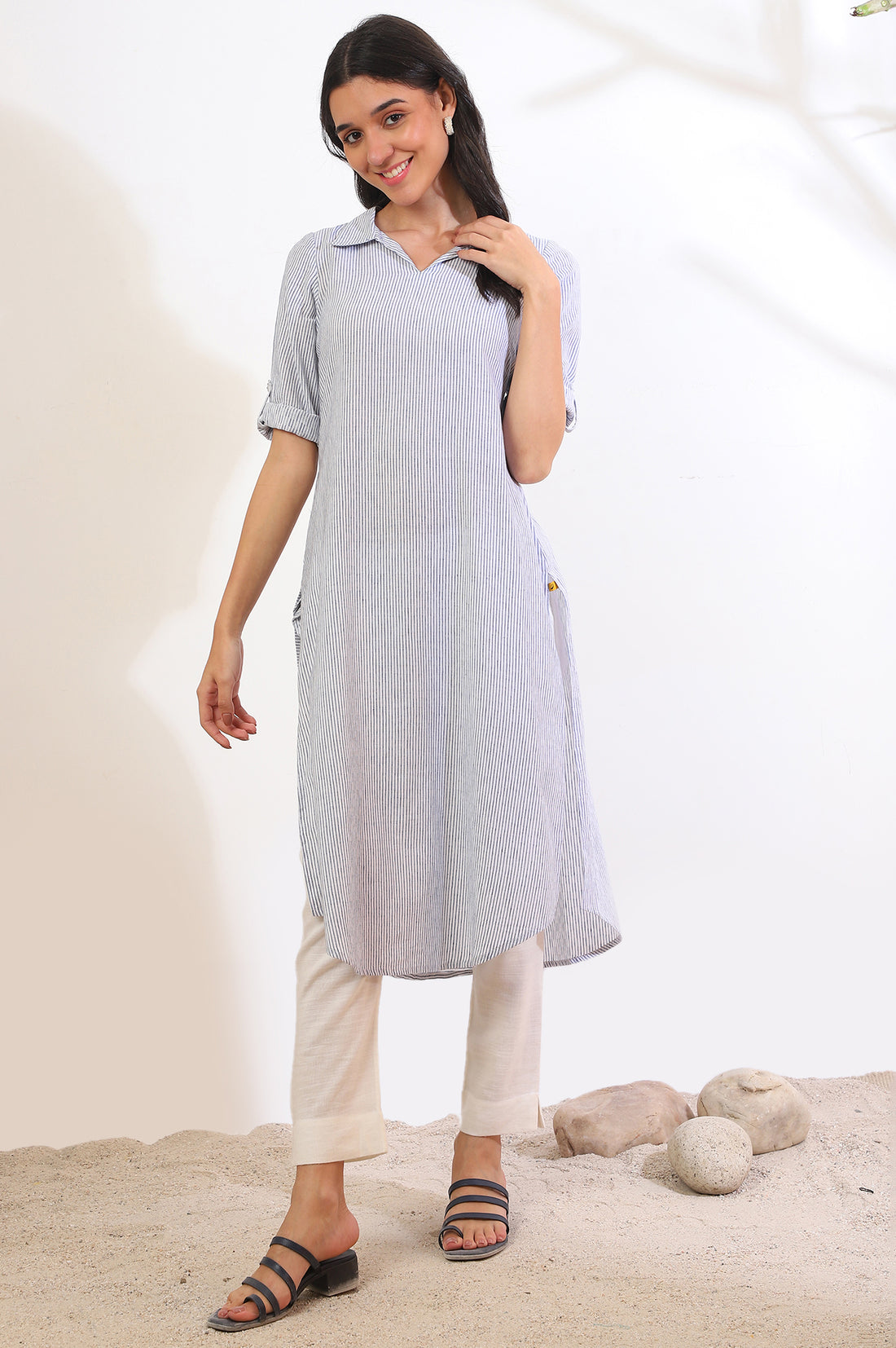 Blue Yarn Dyed Straight Cotton Flax Kurta