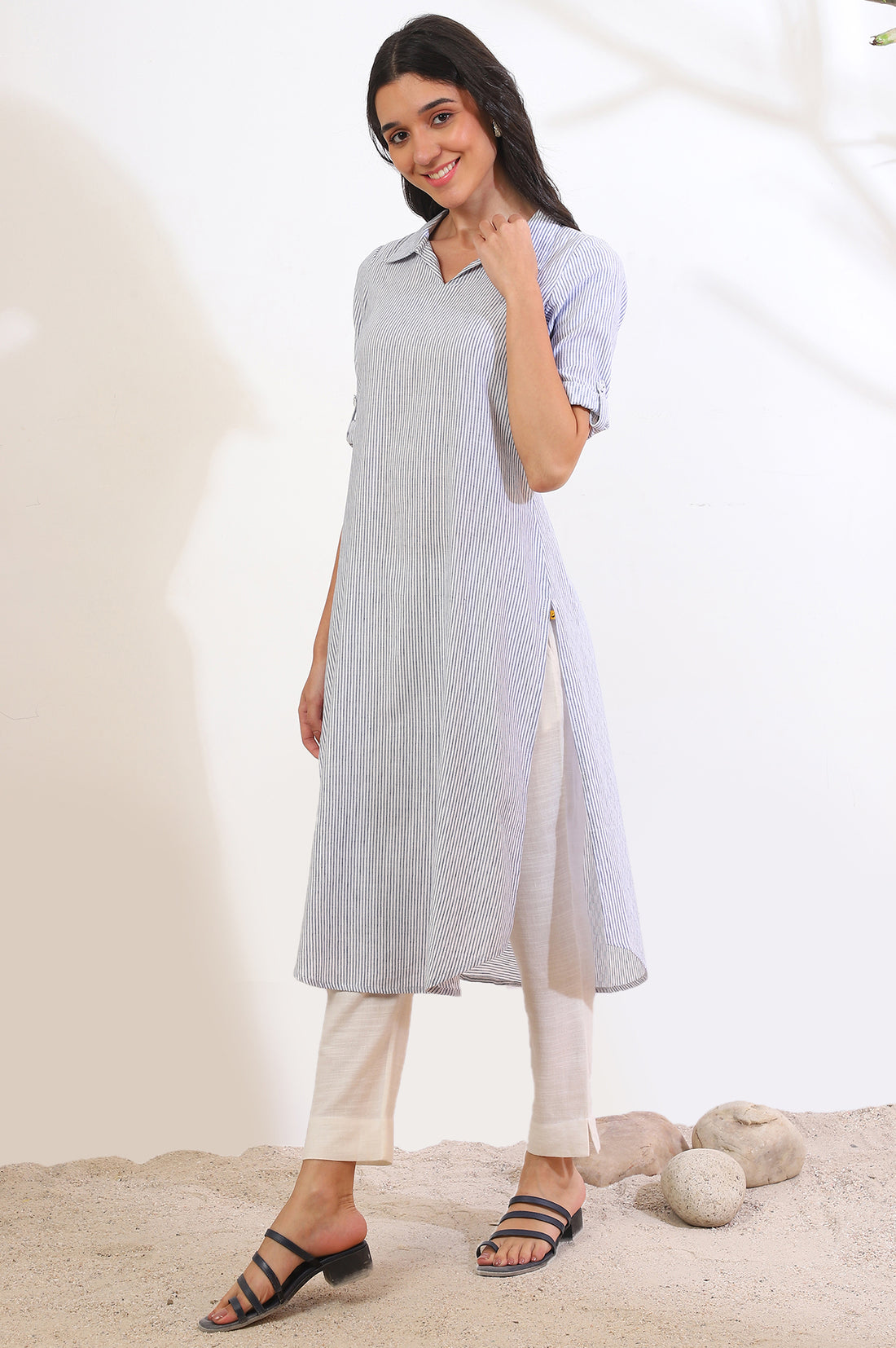 Blue Yarn Dyed Straight Cotton Flax Kurta