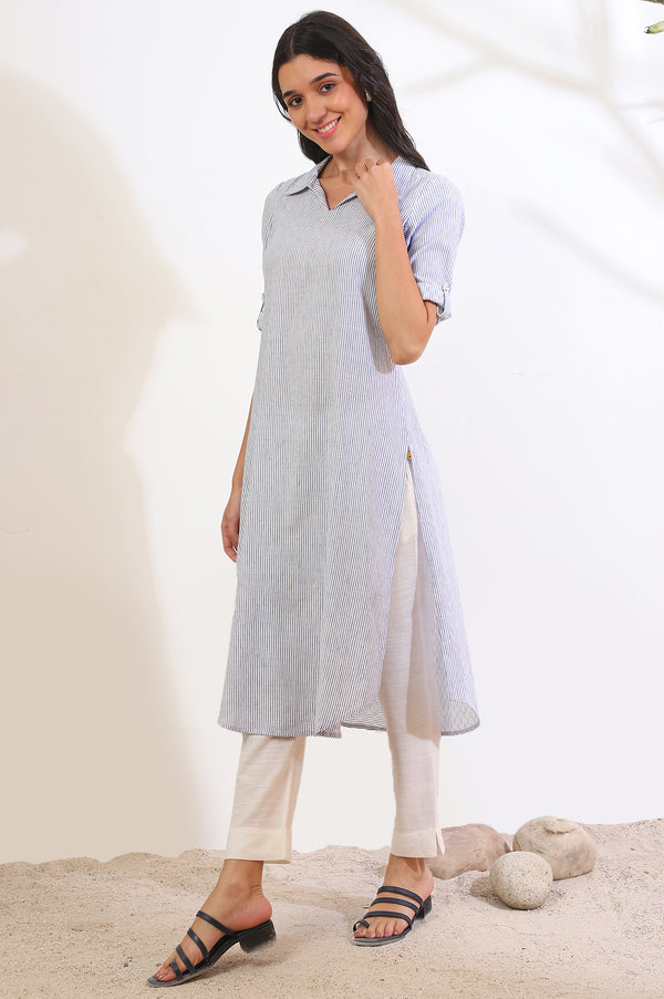 Blue Yarn Dyed Straight Cotton Flax Kurta