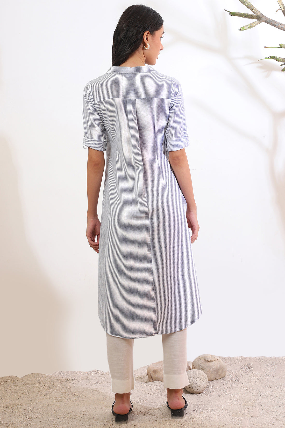 Blue Yarn Dyed Straight Cotton Flax Kurta