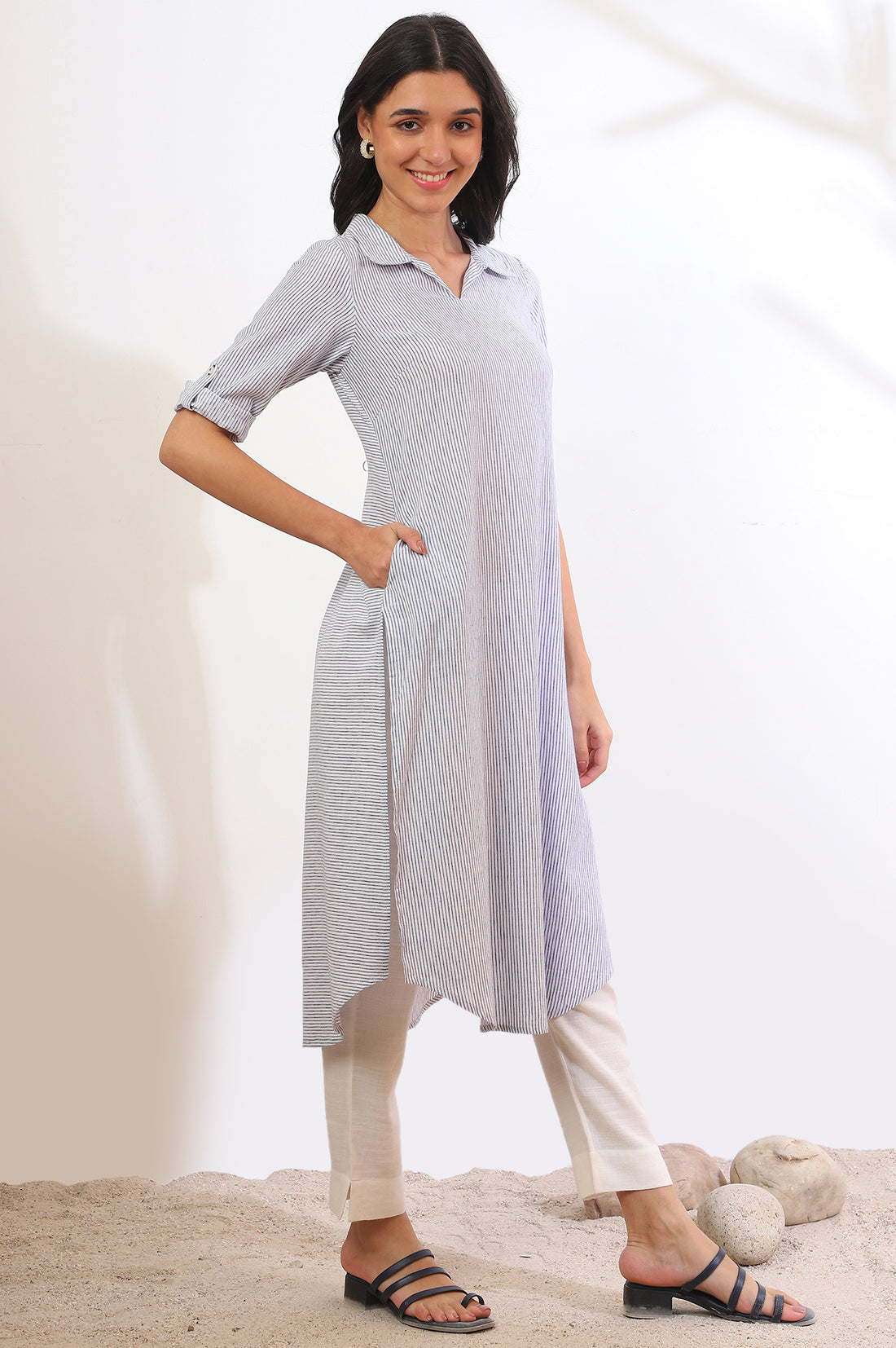 Blue Yarn Dyed Straight Cotton Flax Kurta
