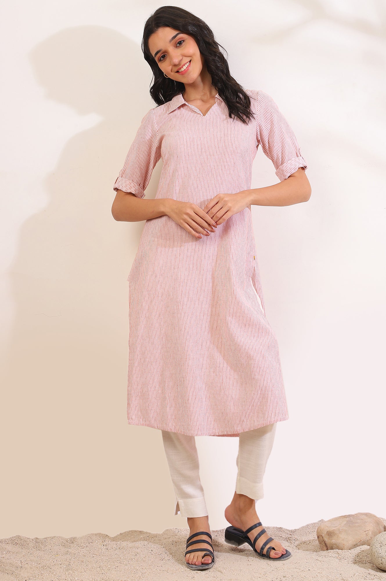 Orange Yarn Dyed Straight Cotton Flax Kurta