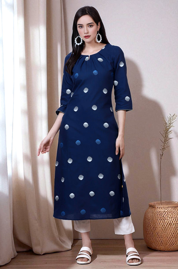 Indigo Blue Pokla Dots Cotton Rayon Pleated A-line Kurta