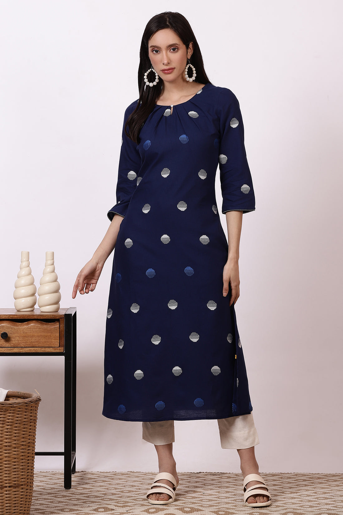 Indigo Blue Pokla Dots Cotton Rayon Pleated A-line Kurta