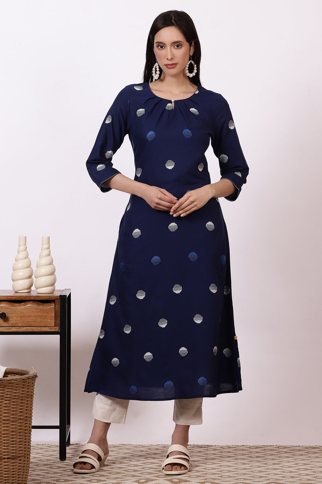 Indigo Blue Pokla Dots Cotton Rayon Pleated A-line Kurta