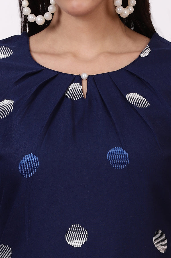 Indigo Blue Pokla Dots Cotton Rayon Pleated A-line Kurta