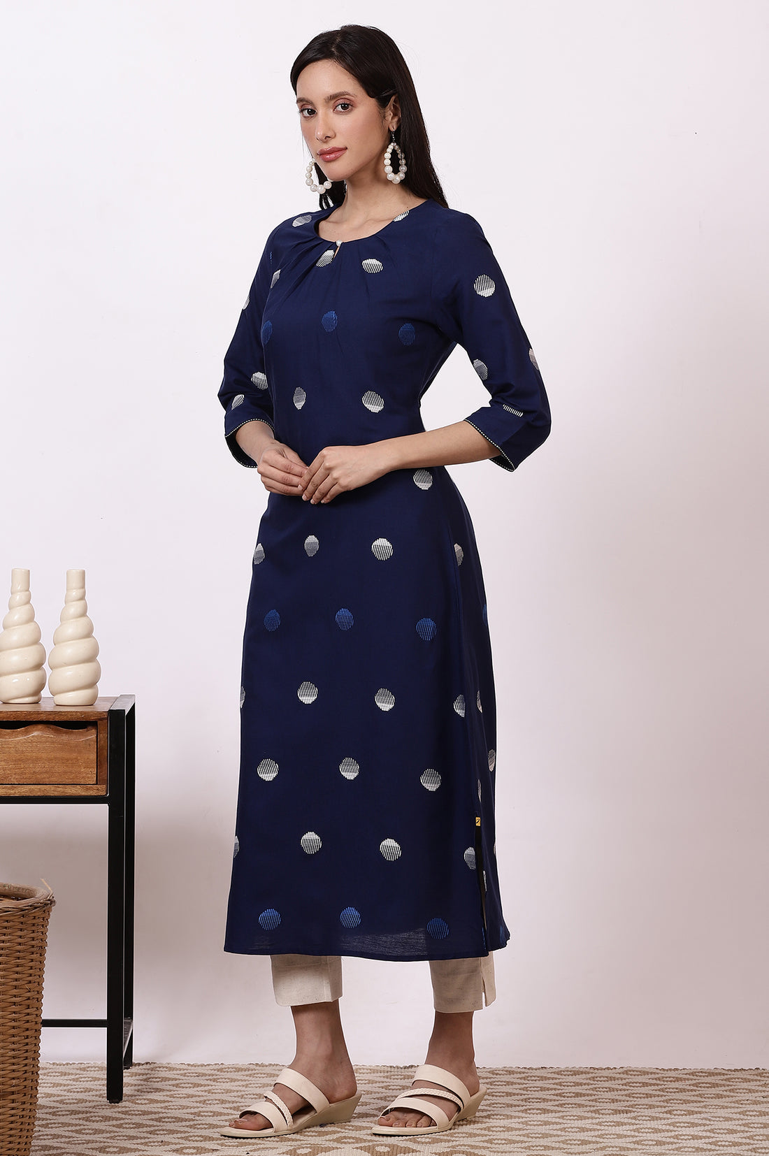 Indigo Blue Pokla Dots Cotton Rayon Pleated A-line Kurta