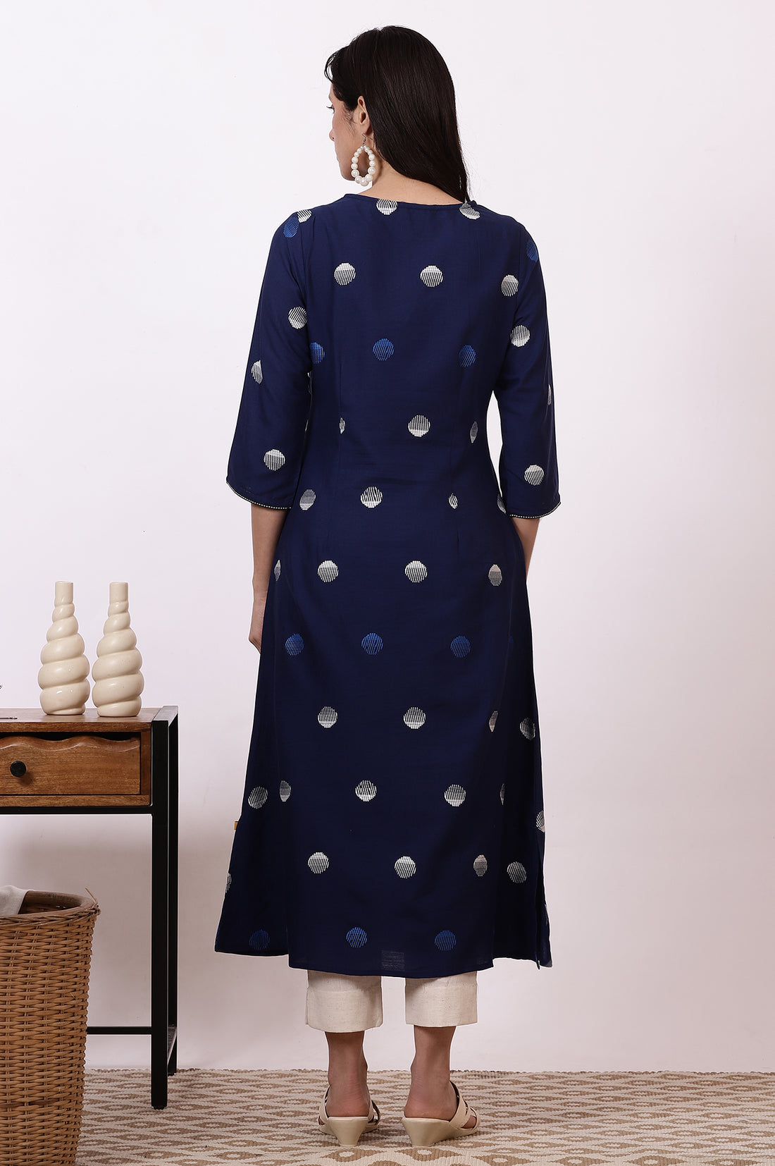 Indigo Blue Pokla Dots Cotton Rayon Pleated A-line Kurta