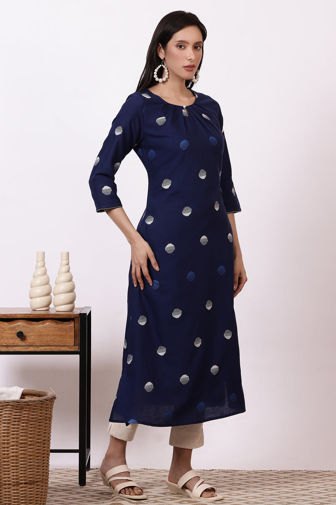 Indigo Blue Pokla Dots Cotton Rayon Pleated A-line Kurta